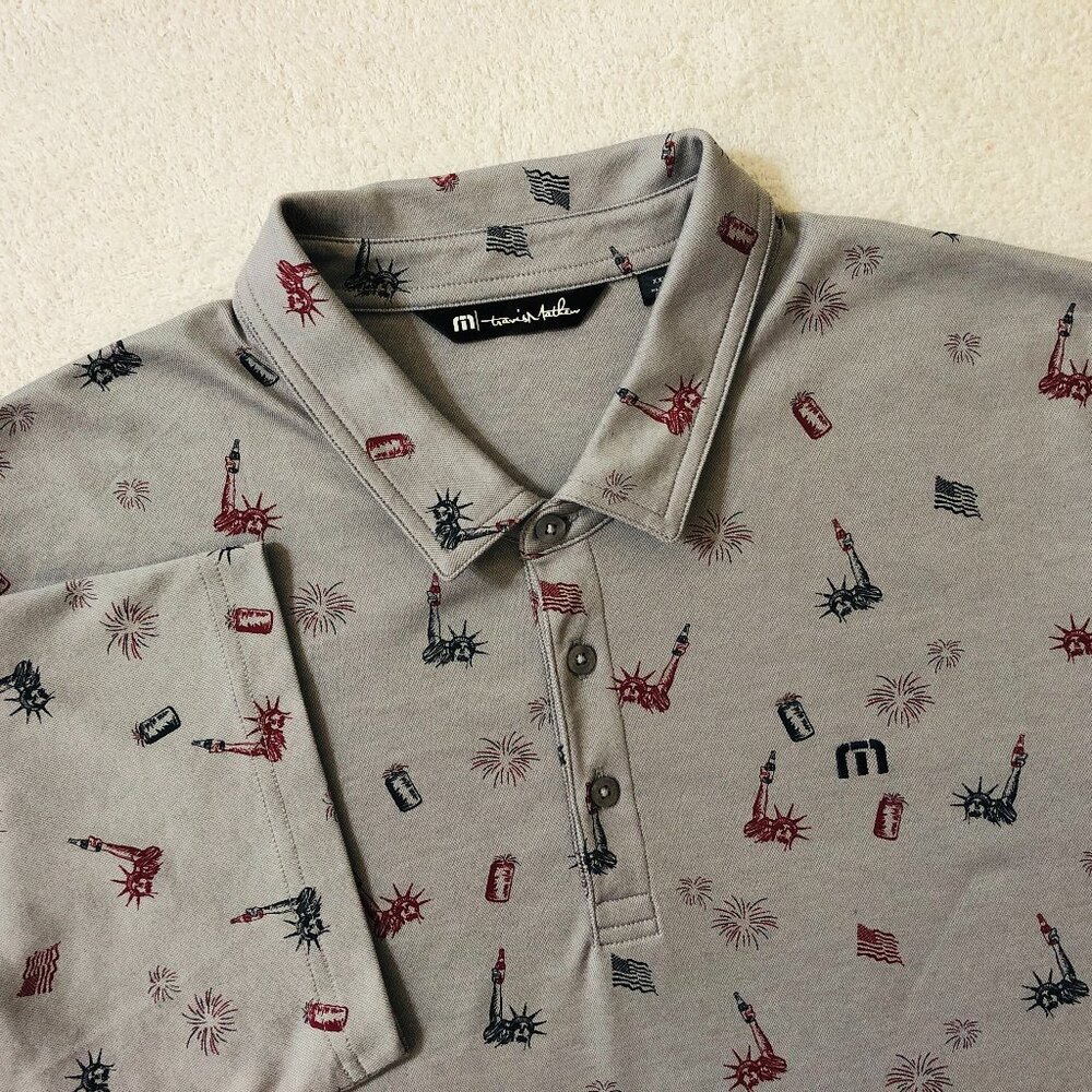 Travis Mathew Men's 2XL Statue Liberty Beer Fireworks Print Golf Polo Shirt
